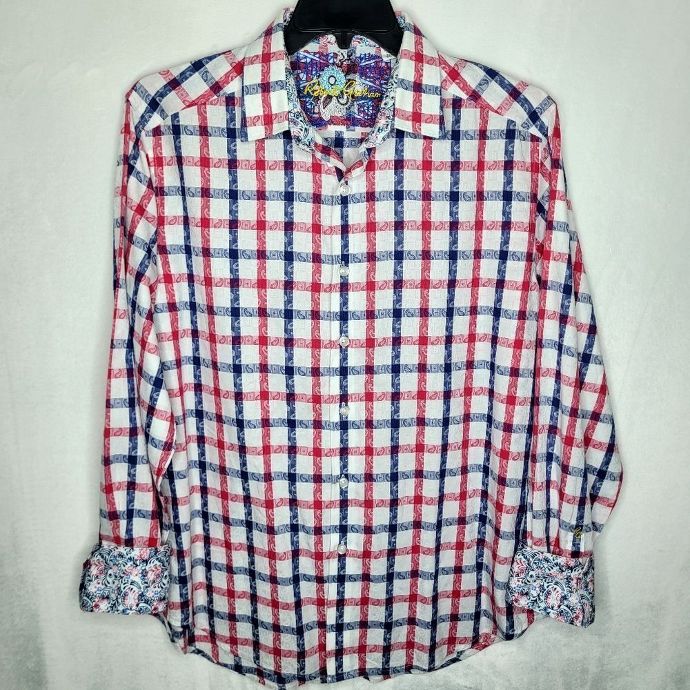 Robert Grahm Checkered Paisley Print Flip Cuff Button Down Shirt Size Large